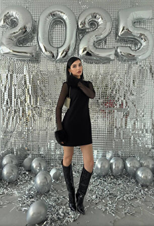 File Detaylı Peluş Kol Mini Atlas Elbise