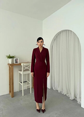 Altına Düğme Detay Atlas Uzun Elbise