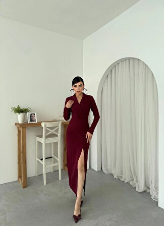 Altına Düğme Detay Atlas Uzun Elbise