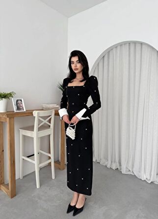 Tasarım İncili Atlas Uzun Elbise