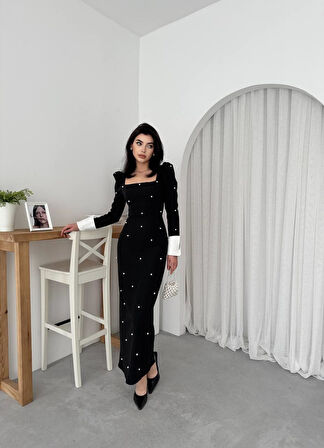 Tasarım İncili Atlas Uzun Elbise