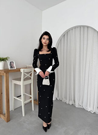 Tasarım İncili Atlas Uzun Elbise