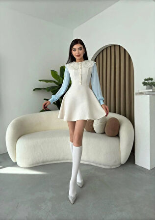 Tasarım Tüvit Kumaş Tül Detay Kol Mini Elbise