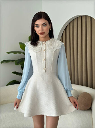 Tasarım Tüvit Kumaş Tül Detay Kol Mini Elbise