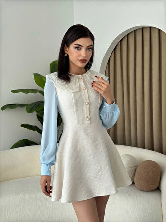 Tasarım Tüvit Kumaş Tül Detay Kol Mini Elbise