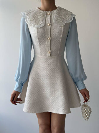 Tasarım Tüvit Kumaş Tül Detay Kol Mini Elbise