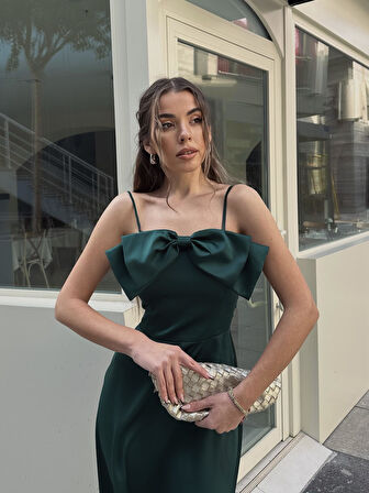 Minel Kurdele Detay Askılı Midi Atlas Elbise