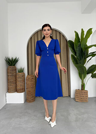 Linda Önü Düğmeli Midi Elbise