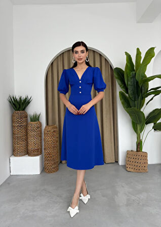 Linda Önü Düğmeli Midi Elbise
