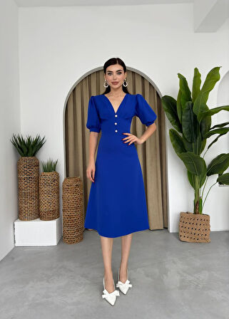 Linda Önü Düğmeli Midi Elbise