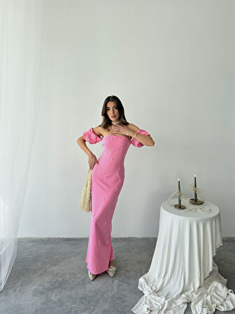 Arabella İncili Atlas Uzun Elbise