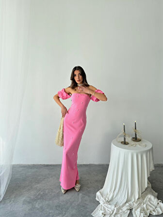 Arabella İncili Atlas Uzun Elbise