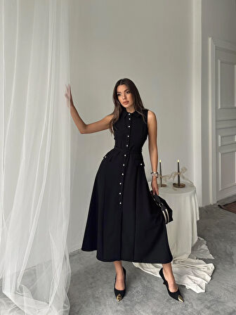 Carolina İnci Düğmeli Uzun Atlas Elbise