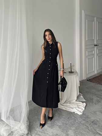 Carolina İnci Düğmeli Uzun Atlas Elbise