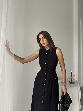 Carolina İnci Düğmeli Uzun Atlas Elbise