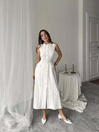 Carolina İnci Düğmeli Uzun Atlas Elbise