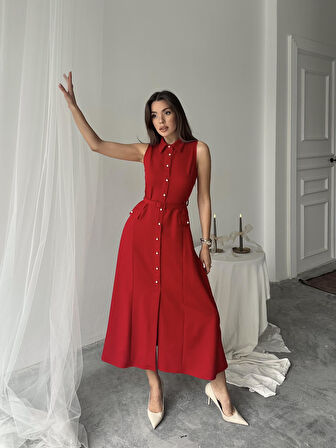 Carolina İnci Düğmeli Uzun Atlas Elbise