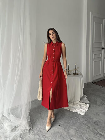 Carolina İnci Düğmeli Uzun Atlas Elbise