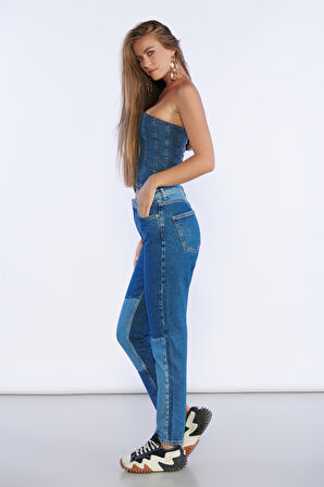 Lacivert Yüksek Bel Yama Detaylı Mom Jeans