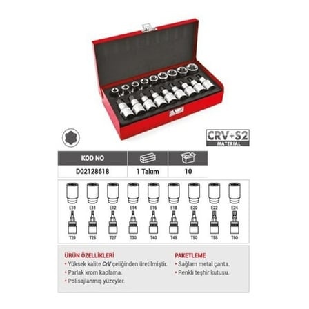 PRODHT 1/2 Torx Uçlu Lokma Takımı İç ve Dış 18 Parça