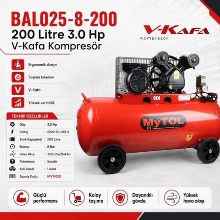 MYTOL 200 LT Hava Kompresörü Yüksek Hızlı 3 HP - BAL025-8-200