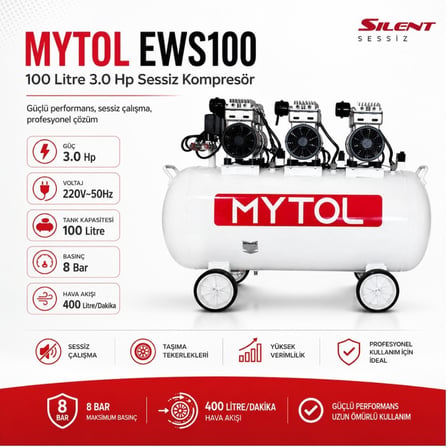MYTOL 100 LT Sessiz Hava Kompresörü 3 HP - EWS100