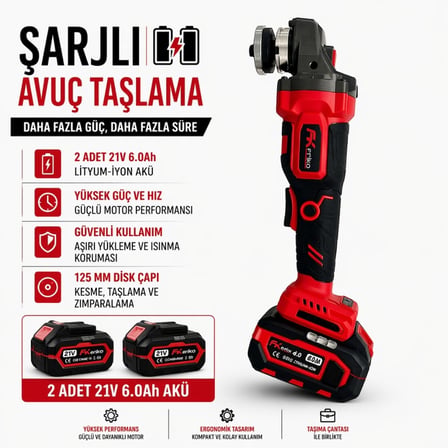 FRIKO Şarjlı Avuç Taşlama Makinesi Çift Akülü 21V 4 Ah 125 mm