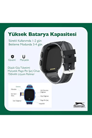 SL.09.2158.5.12 Slazenger  Tiger Kids Marka Sim Kartlı Çocuk Akıllı Saati Sim Kart Takılabilir Görüntülü Arama Sesli Arama Yapılabilir Ortam Dinlemesi Yapılabilir Ve Ortam Görüntüsü Alınabilir Konum Takibi Yapılabilir Alarm Kurulabilir MAVİ/SİYAH