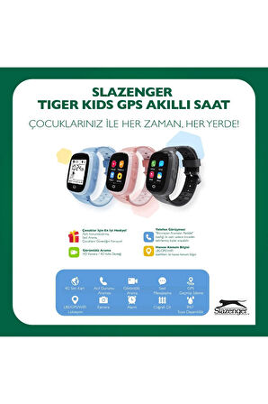 SL.09.2158.5.12 Slazenger  Tiger Kids Marka Sim Kartlı Çocuk Akıllı Saati Sim Kart Takılabilir Görüntülü Arama Sesli Arama Yapılabilir Ortam Dinlemesi Yapılabilir Ve Ortam Görüntüsü Alınabilir Konum Takibi Yapılabilir Alarm Kurulabilir MAVİ/SİYAH