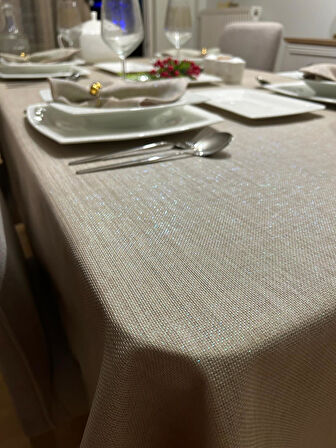 Polyester Keten Linen Simli Masa Örtüsü Taş Rengi + 12 Peçete