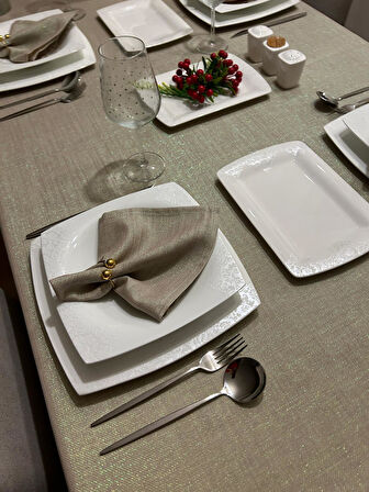 Polyester Keten Linen Simli Masa Örtüsü Taş Rengi + 12 Peçete