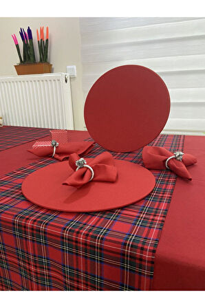 Kırmızı Renk Masa Örtüsü , Yılbaşı Ekose Runner , 6 Supla Seti , 6 Peçete