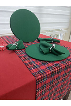 Kırmızı Masa Örtüsü ,ekose Runner , Yeşil Supla Seti , Peçete 4 Kişilik