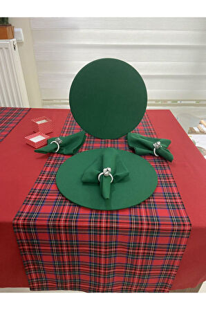 Kırmızı Masa Örtüsü ,ekose Runner , Yeşil Supla Seti , Peçete 4 Kişilik