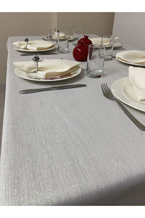 Keten Görünümlü Simli Masa Örtüsü Bej 25 Parça Set