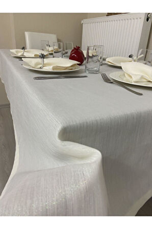 Keten Görünümlü Simli Masa Örtüsü Bej 25 Parça Set