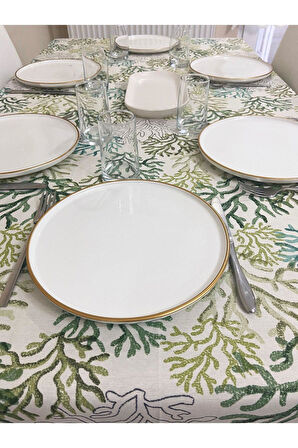 Sıvı Geçirmez Dertsiz Masa Örtüsü Yeşil Mercan Desenli