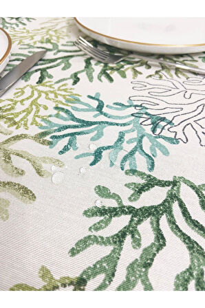 Sıvı Geçirmez Dertsiz Masa Örtüsü Yeşil Mercan Desenli