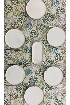 Sıvı Geçirmez Dertsiz Masa Örtüsü Yeşil Mercan Desenli