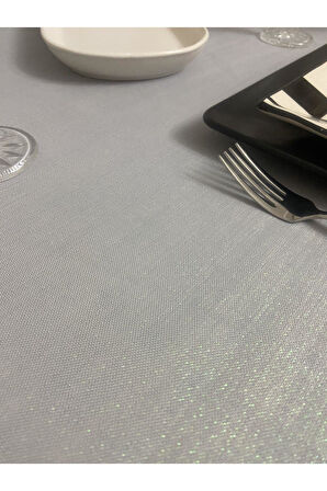 Keten Görünümlü Dantel Detaylı Simli Dertsiz Masa Örtüsü Gri 13 Parça