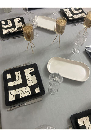 Keten Görünümlü Dantel Detaylı Simli Dertsiz Masa Örtüsü Gri 25 Parça