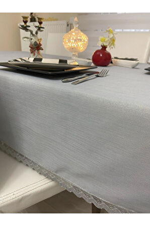 Dantel Detaylı Simli Dertsiz Masa Örtüsü Gri
