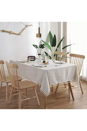 Naturel Püsküllü Masa Örtüsü Düz Pamuk Keten Otantik