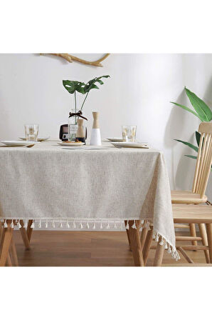 Naturel Püsküllü Masa Örtüsü Düz Pamuk Keten Otantik