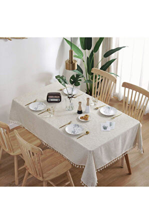 Naturel Püsküllü Masa Örtüsü Düz Pamuk Keten Otantik