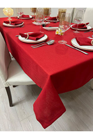 Polyester Keten Simli Masa Örtüsü Kırmızı + 12 Peçete