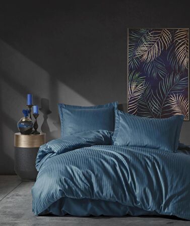 Cotton Box Çift Kişilik Saten Nevresim Takımı Elegante Stripe Mavi
