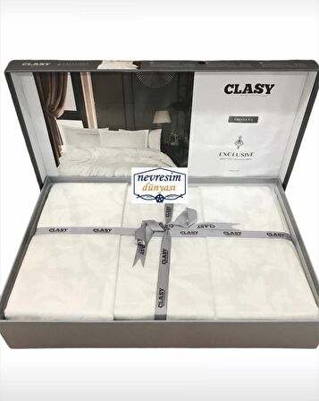Clasy Exclusive Jakarlı Çift Kişilik Pamuk Saten Nevresim Takımı Pavaya v1 Beyaz
