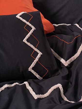 Cotton Box Puff Nakışlı Ranforce Çift Kişilik Nevresim Takımı Mirely Siyah Kiremit