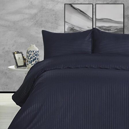 Tek Kişilik Saten Nevresim Takımı Basic Stripe Lacivert